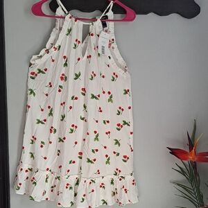 Aqua White Cherry Print Ruffle Hem Mini Dress Size Small New
